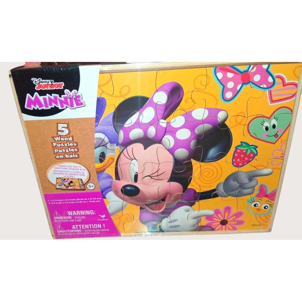 Disney Junior Minnie Mouse 5 Wooden Puzzles Set Ages 5+ Sealed Storage Tray NEW